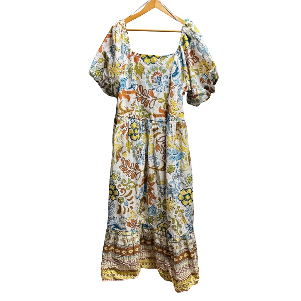 Lea Floral Cotton Puff Sleeve Midi Dress Multi Color Smocked Back 2X NWT
